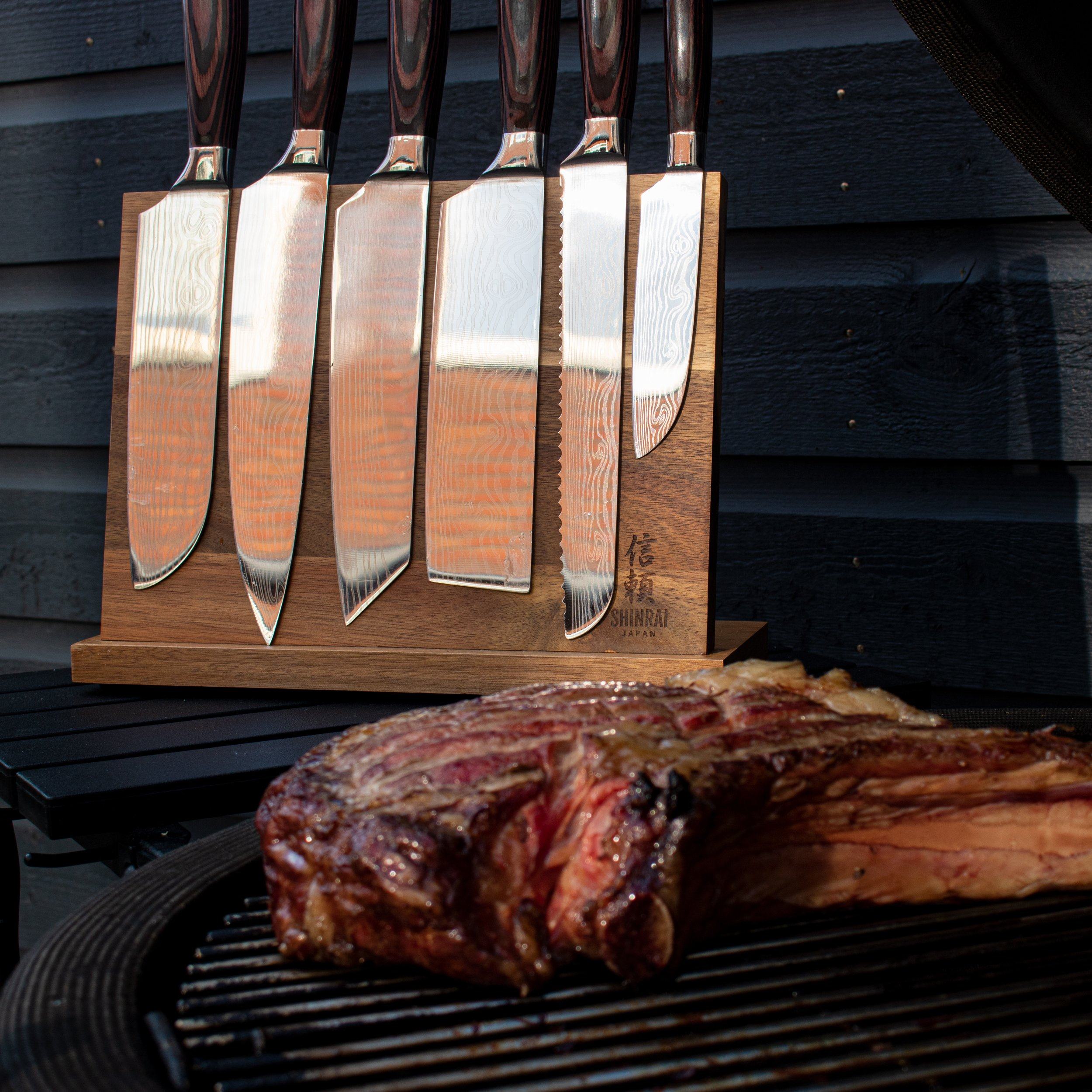 Quality Damascus Print Series 7-piece Knife Set + Acacia Knife Holder