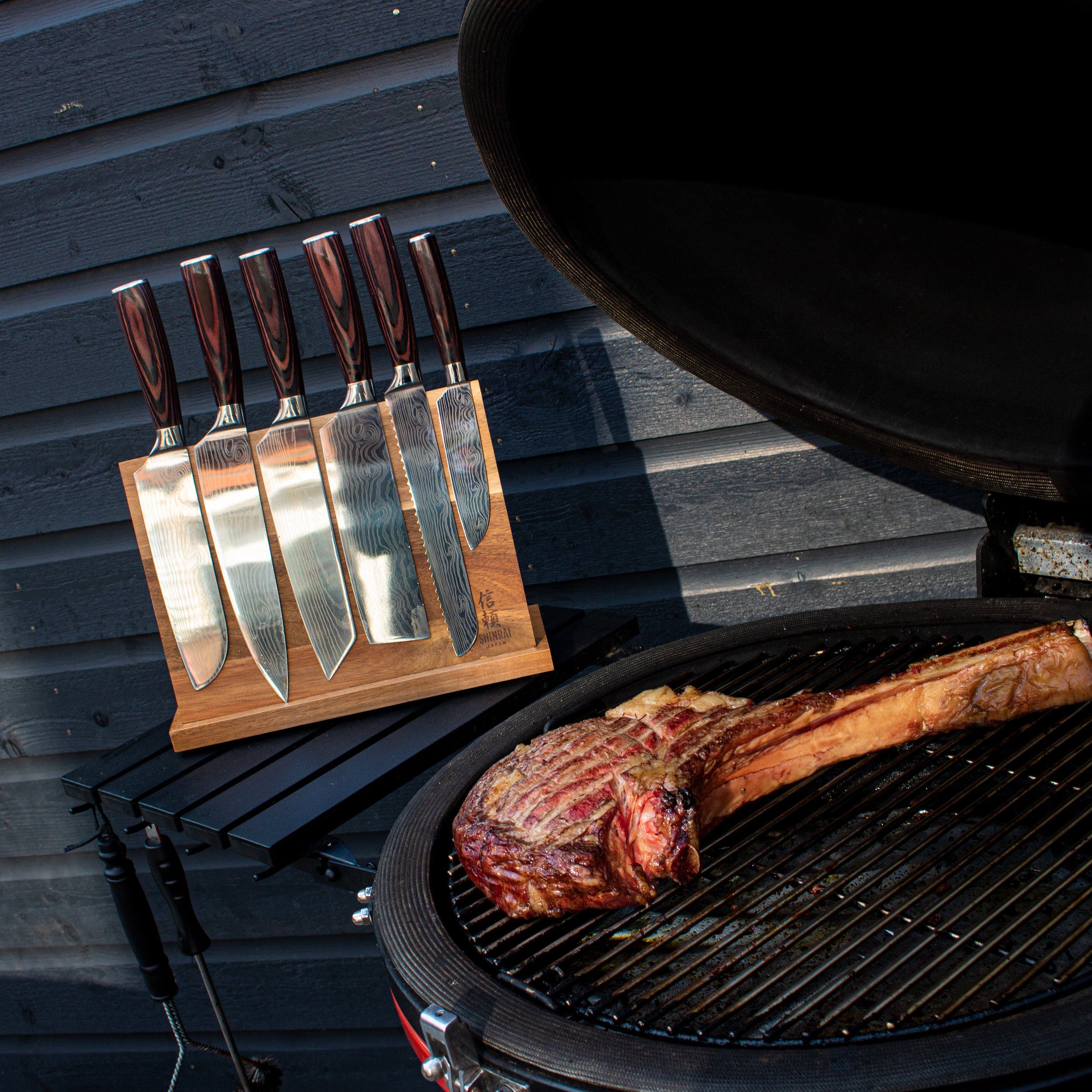 Quality Damascus Print Series 7-piece Knife Set + Acacia Knife Holder