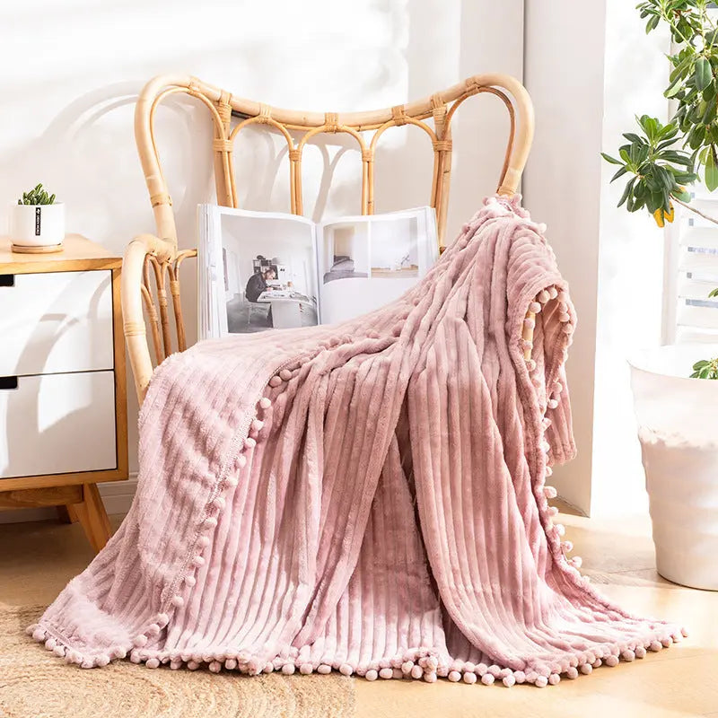Velvet Pom Fringe Soft Flannel Throw Blanket