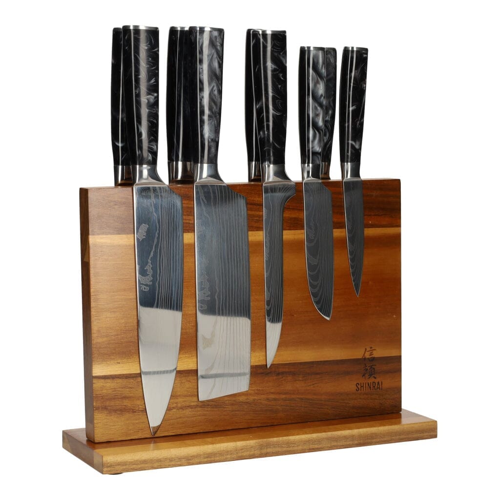 Epoxy Onyx Damascus Print 9-Delige Messenset + Messenblok Messenset met blok Shinrai Knives 