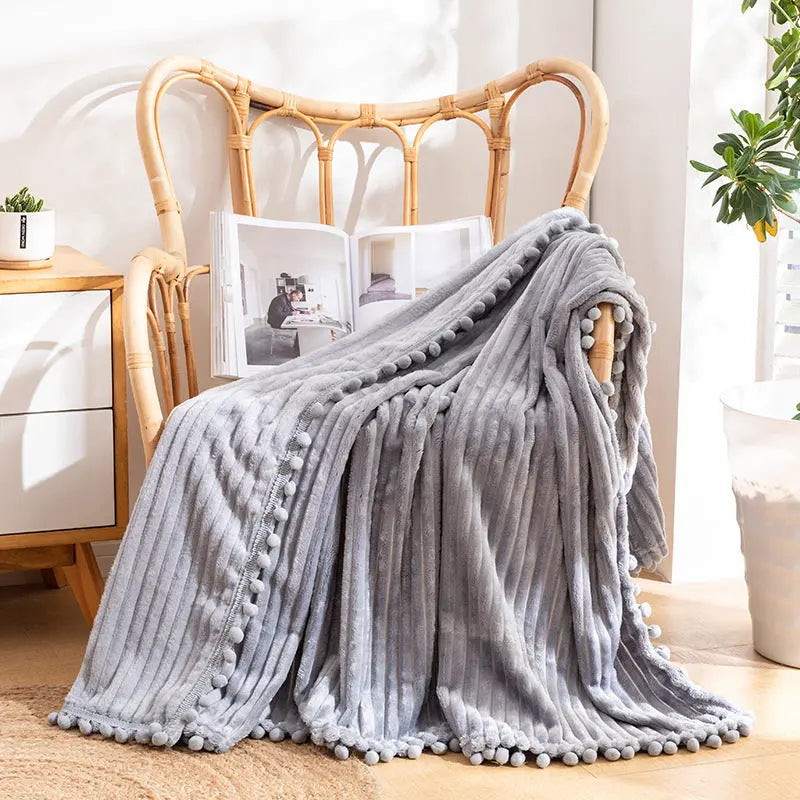 Velvet Pom Fringe Soft Flannel Throw Blanket
