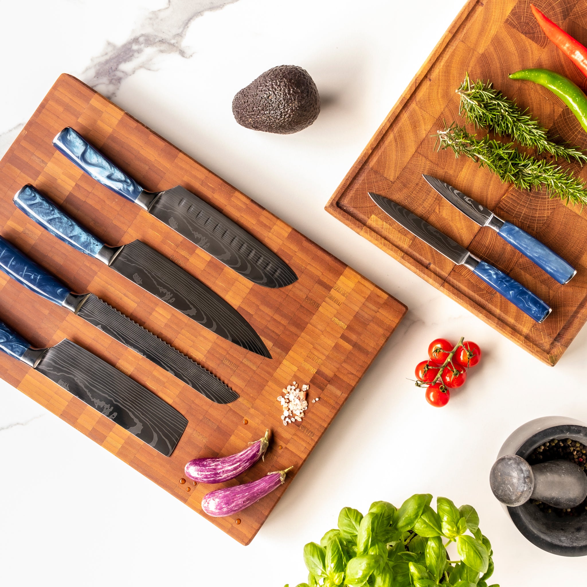 Damascus Print Epoxy Sapphire - 6-Piece Knife Set