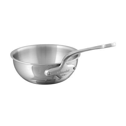 Close-up of Mauviel M'cook curved splayed stainless steel sauté pan