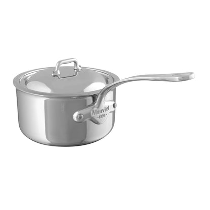 Front view of Mauviel M'Cook saucepan with heat-resistant lid for cooking