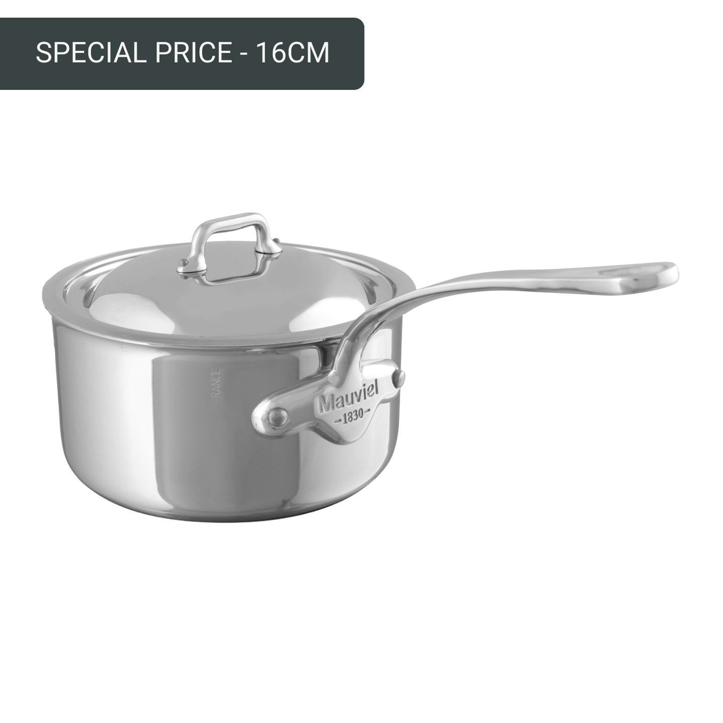 Back view of Mauviel M'Cook saucepan with heat-resistant lid for cooking