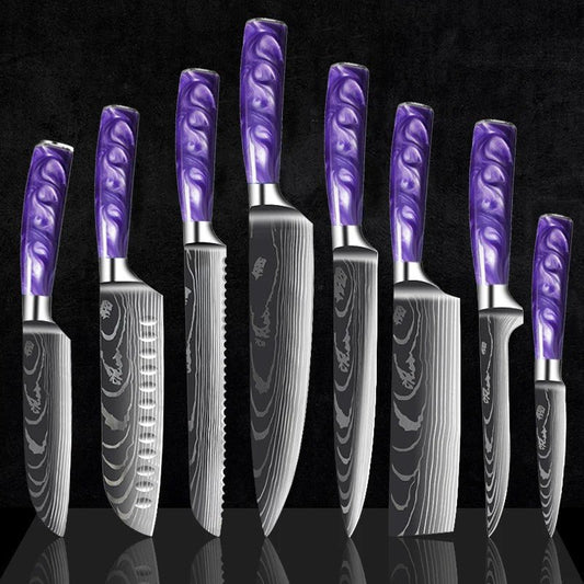 Stainless Steel Chef Knife Set With Purple Resin Handle