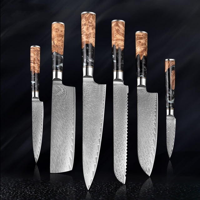 HECTOR Japanese Damascus Steel Kitchen Knife Set With Coloured Black Handle