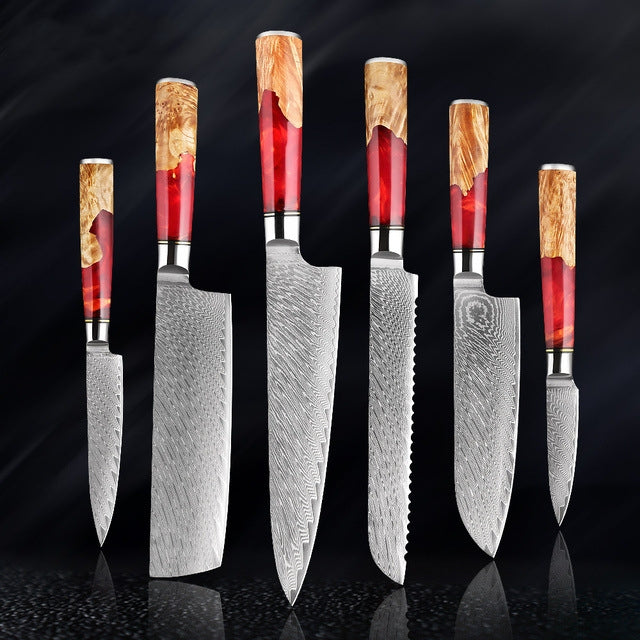 HECTOR Japanese Damascus Steel Kitchen Knife Set With Coloured Red Handle