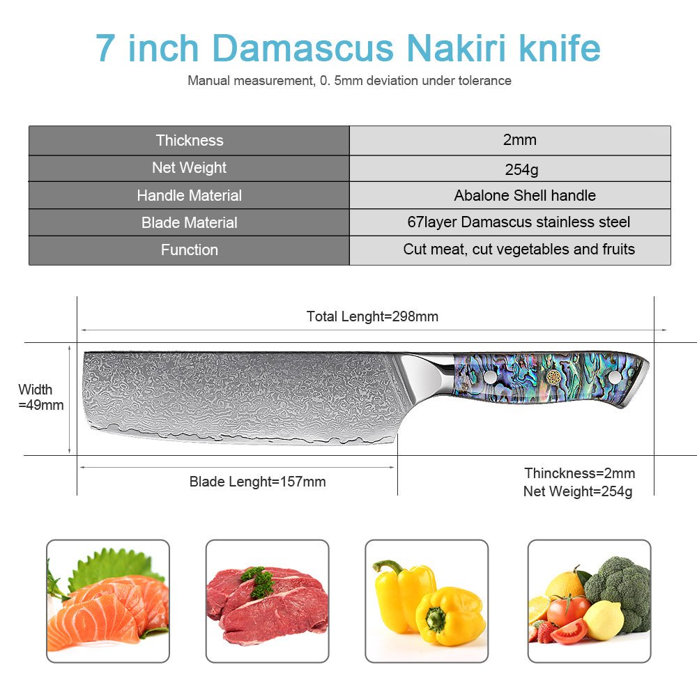 7” Nakiri Chef's Knife, Damascus Blade and Abalone Shell Handle