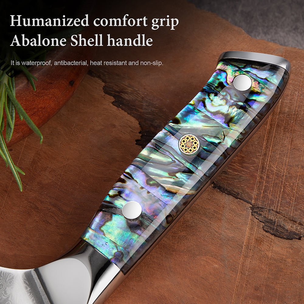 7” Nakiri Chef's Knife, Damascus Blade and Abalone Shell Handle