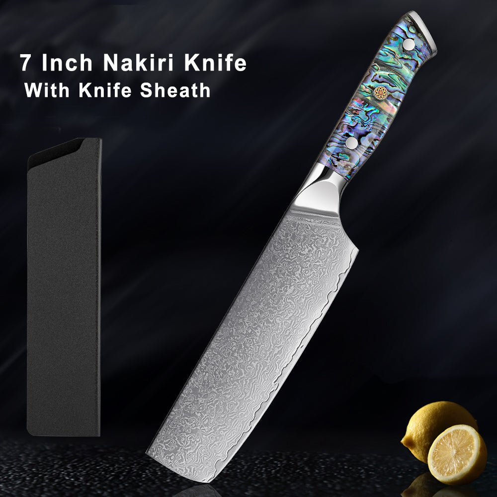 7” Nakiri Chef's Knife, Damascus Blade and Abalone Shell Handle