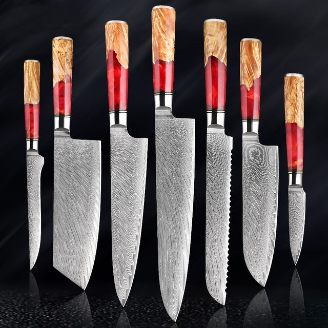 HECTOR Japanese Damascus Steel Kitchen Knife Set With Coloured Red Handle