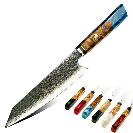 Damascus Chef's Knife, 8" Kiritsuke Knife, Epoxy Resin Solidified Wood