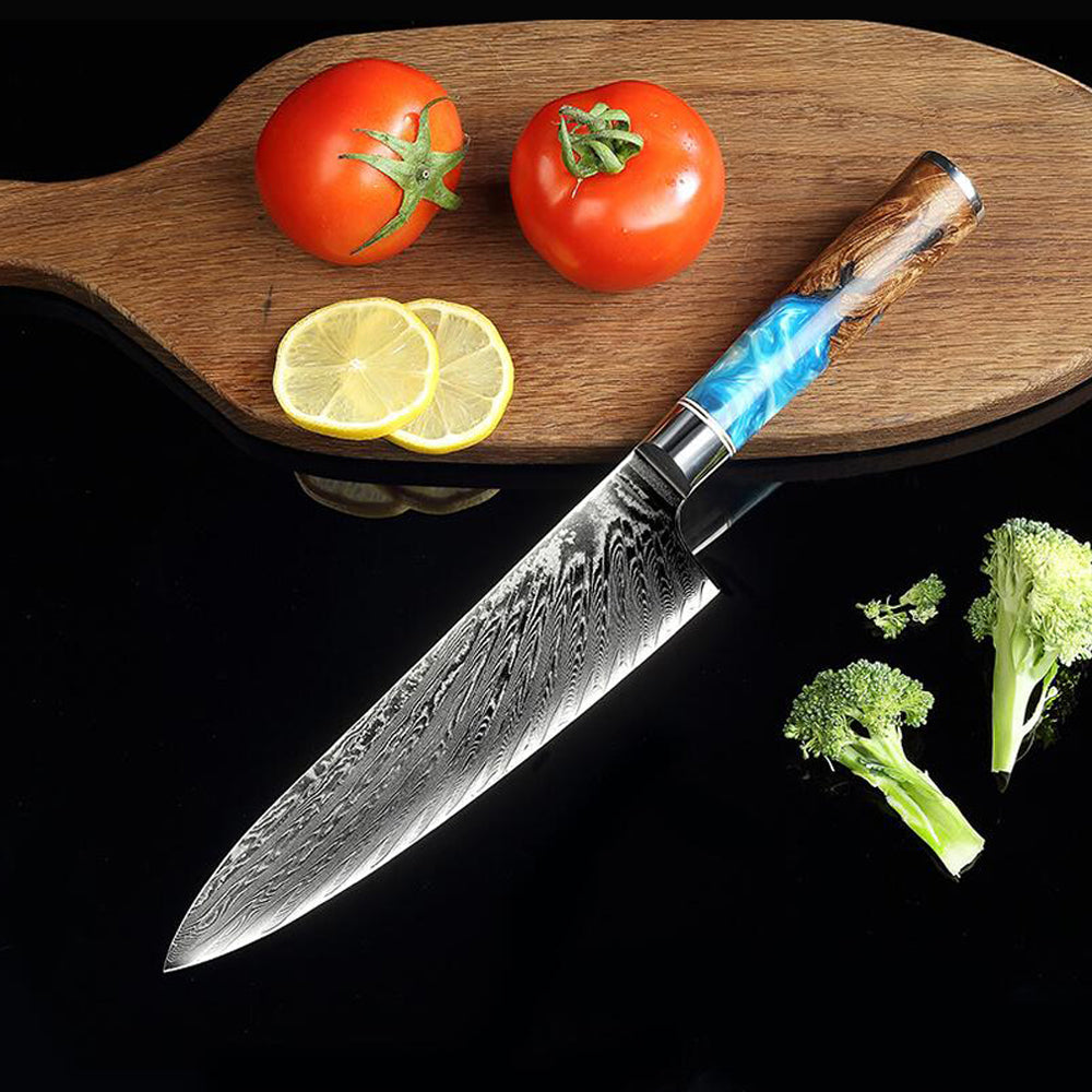 Damascus Steel 8" Chef Knife With Blue Resin Handle