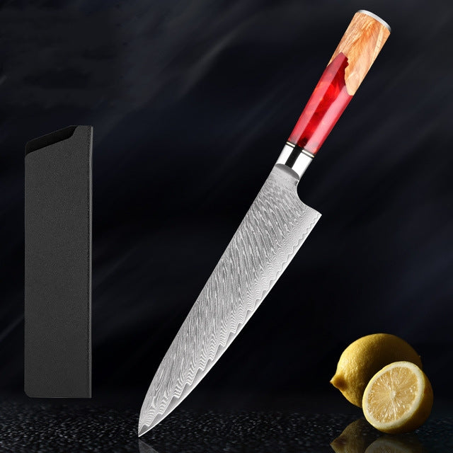 HECTOR Japanese Damascus Steel Kitchen Knife Set With Coloured Red Handle