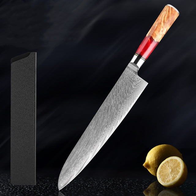 HECTOR Japanese Damascus Steel Kitchen Knife Set With Coloured Red Handle