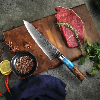Damascus Steel Chef Knife, Blue