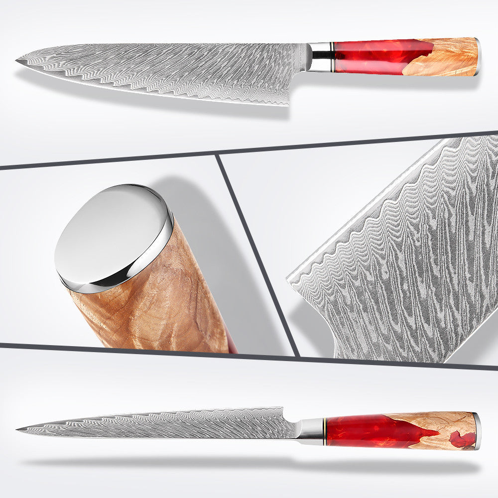 HECTOR Japanese Damascus Steel Kitchen Knife Set With Coloured Red Handle