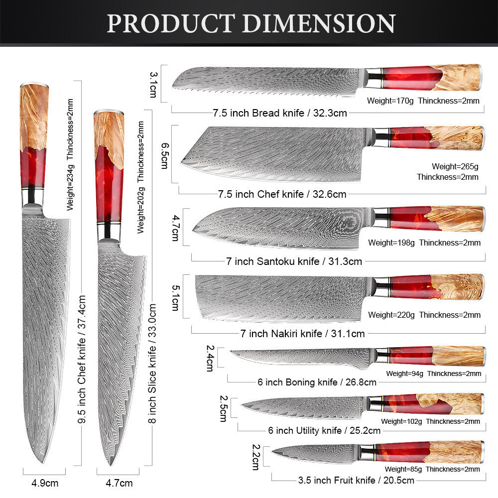 HECTOR Japanese Damascus Steel Kitchen Knife Set With Coloured Red Handle