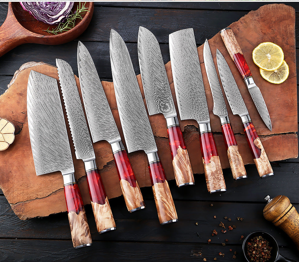 HECTOR Japanese Damascus Steel Kitchen Knife Set With Coloured Red Handle