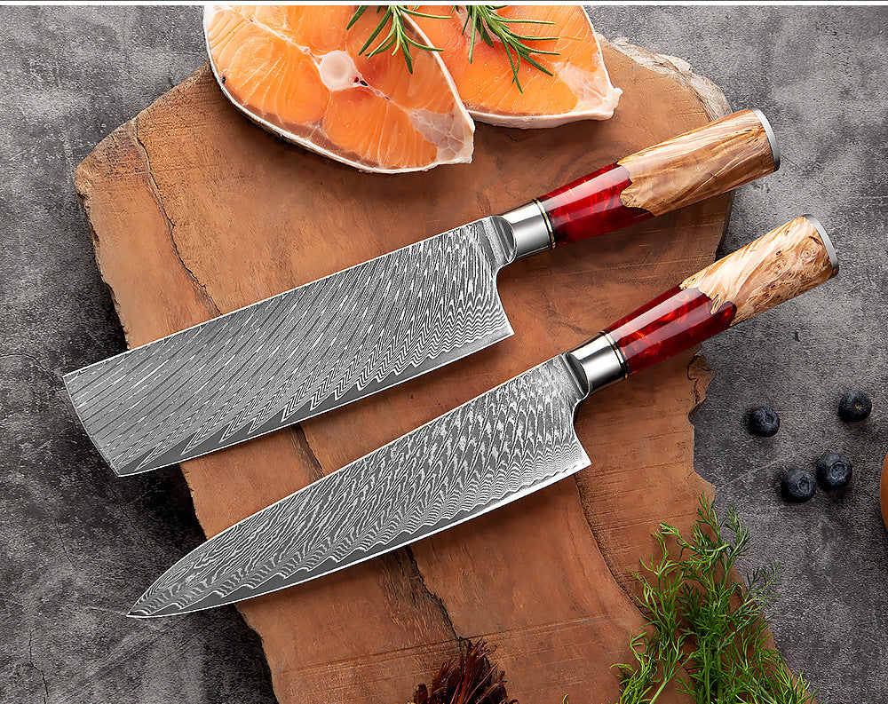 HECTOR Japanese Damascus Steel Kitchen Knife Set With Coloured Red Handle