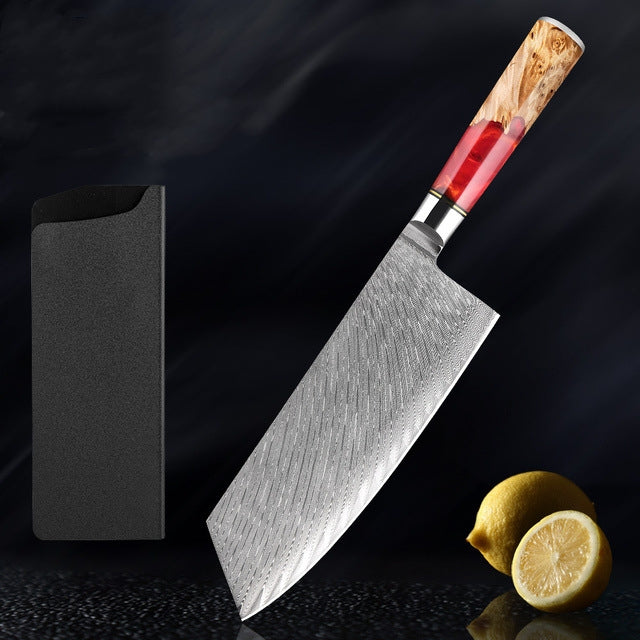 HECTOR Japanese Damascus Steel Kitchen Knife Set With Coloured Red Handle