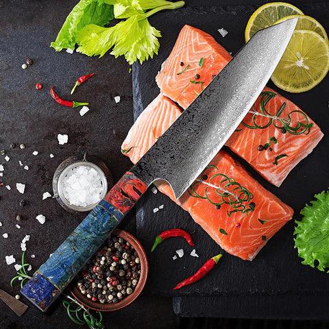 Japanese Knife Damascus Steel with Coloured Ebony Handle